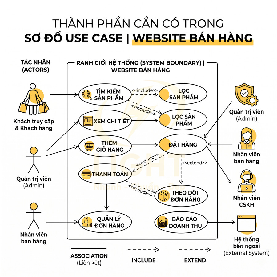 Sơ đồ use case website bán hàng với các tác nhân khách hàng, admin, nhân viên và quy trình đặt hàng, thanh toán, quản lý đơn hàng