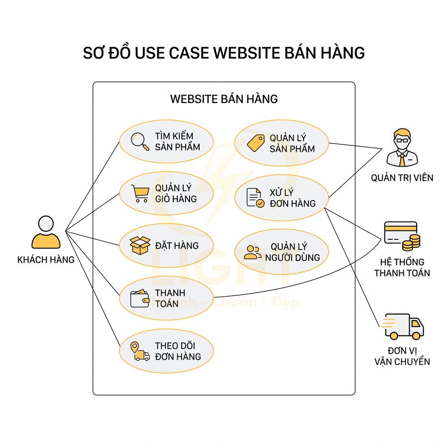 Sơ đồ use case website bán hàng với các chức năng tìm kiếm, giỏ hàng, đặt hàng, thanh toán và quản lý đơn hàng