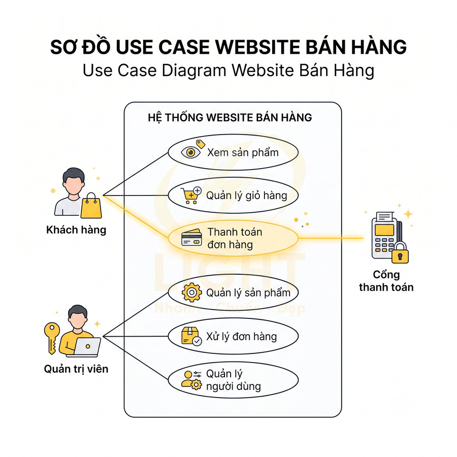 Sơ đồ use case website bán hàng với chức năng xem sản phẩm, giỏ hàng, thanh toán, quản lý đơn và người dùng
