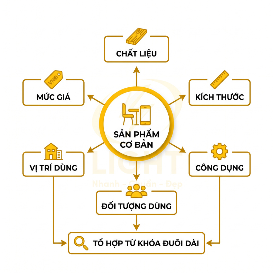 Sơ đồ các yếu tố mô tả sản phẩm cơ bản gồm chất liệu kích thước công dụng mức giá vị trí dùng đối tượng dùng