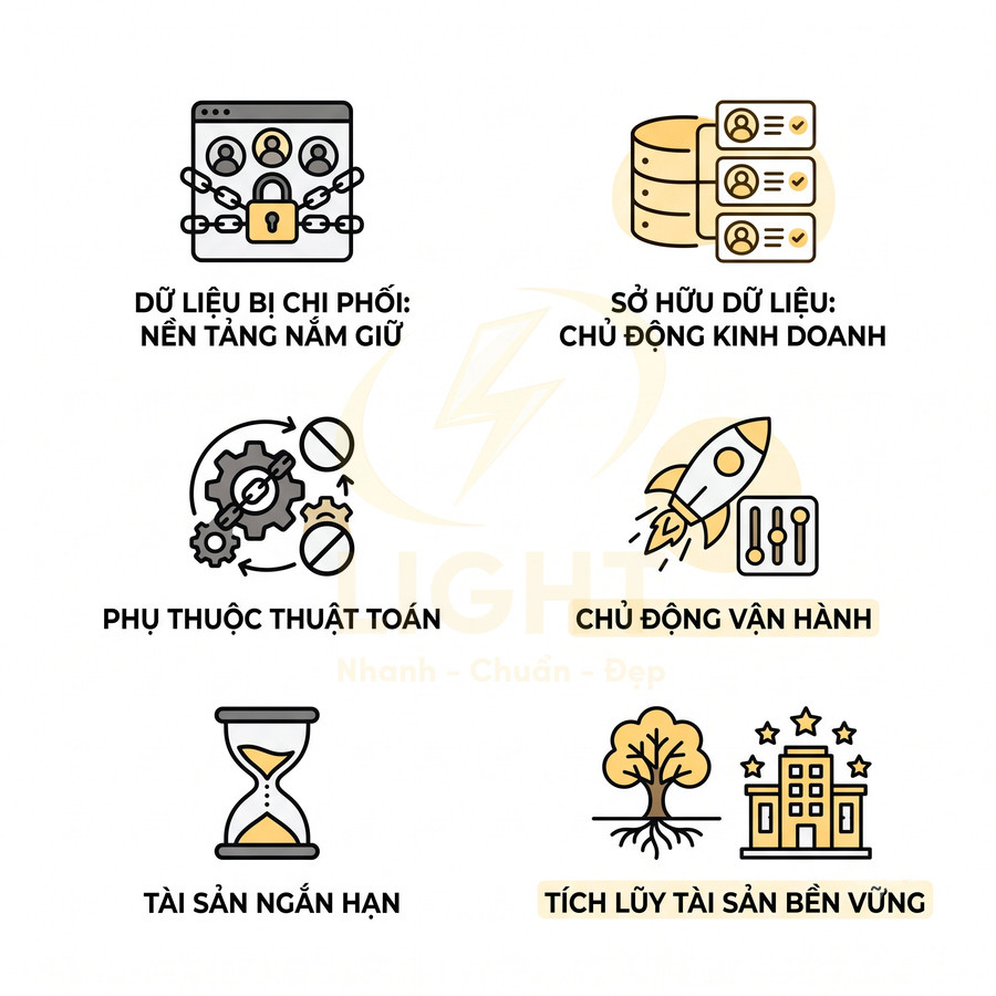So sánh dữ liệu bị nền tảng chi phối với sở hữu dữ liệu, phụ thuộc thuật toán với chủ động vận hành, tài sản ngắn hạn với tích lũy bền vững