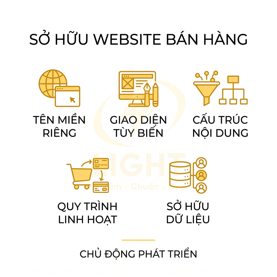 Lợi ích sở hữu website bán hàng với tên miền riêng, giao diện tùy biến, quy trình linh hoạt và tự chủ dữ liệu
