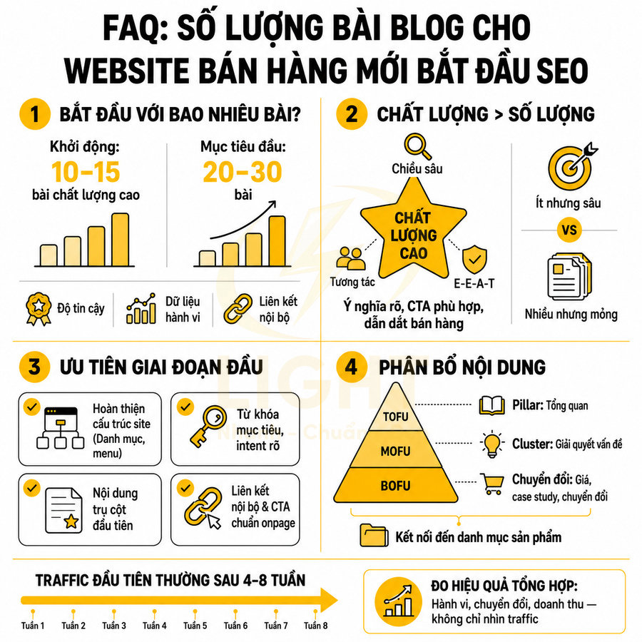 Infographic hướng dẫn số lượng và chiến lược bài blog chuẩn SEO cho website bán hàng mới bắt đầu