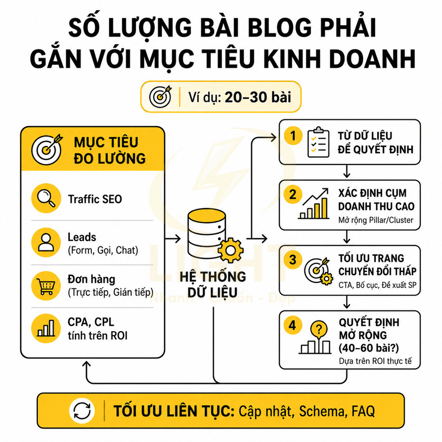 Infographic quy trình xác định số lượng bài blog theo mục tiêu kinh doanh và tối ưu liên tục cho SEO