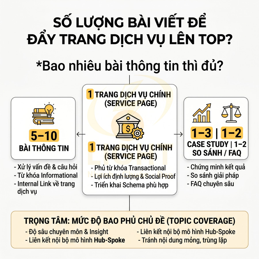 Sơ đồ số lượng bài viết cần có để đẩy trang dịch vụ lên top SEO với bài thông tin, case study và FAQ