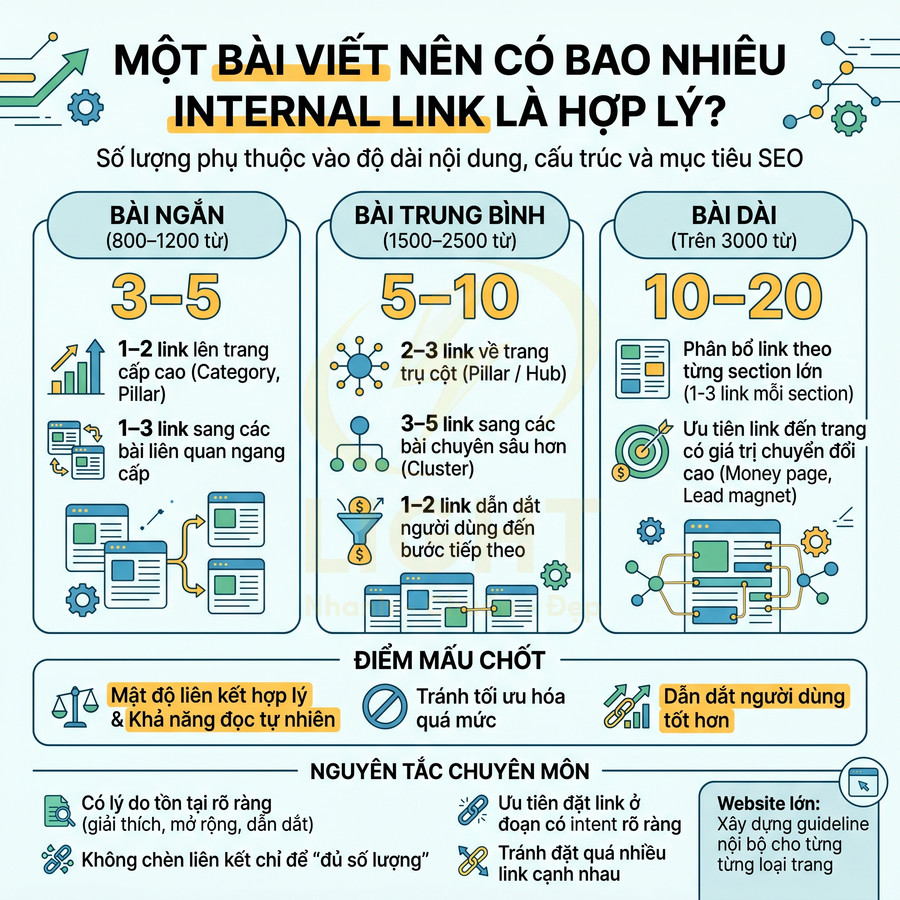 Infographic hướng dẫn số lượng internal link phù hợp cho bài viết ngắn, trung bình và dài chuẩn SEO