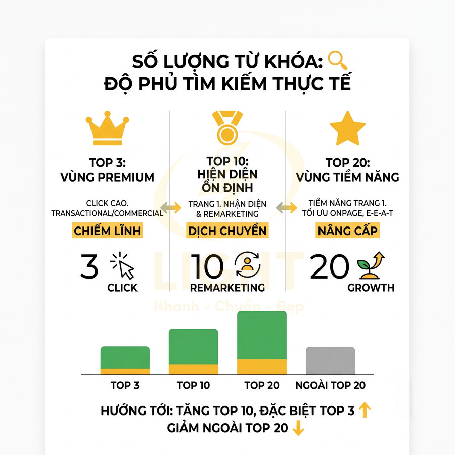 Infographic SEO mô tả số lượng từ khóa và độ phủ tìm kiếm thực tế theo các mốc top 3, top 10, top 20