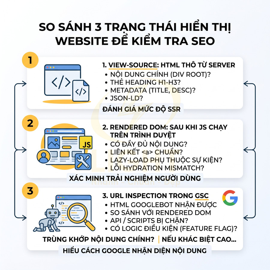 So sánh 3 trạng thái hiển thị website để kiểm tra SEO: view source, rendered DOM và URL inspection trong GSC