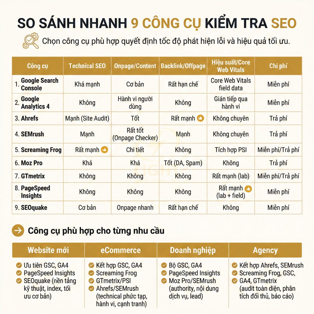 Bảng so sánh nhanh 9 công cụ kiểm tra SEO như Google Search Console, Ahrefs, SEMrush, Screaming Frog