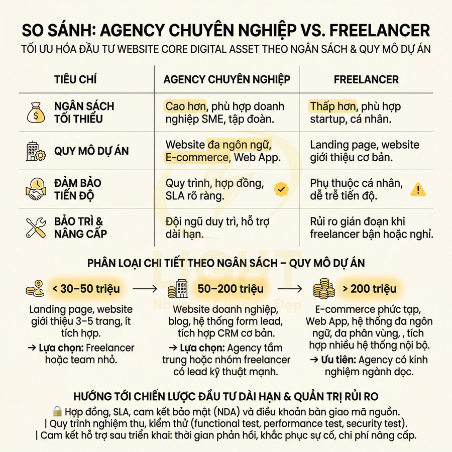 Bảng so sánh ưu nhược điểm agency chuyên nghiệp và freelancer trong thiết kế phát triển website theo ngân sách