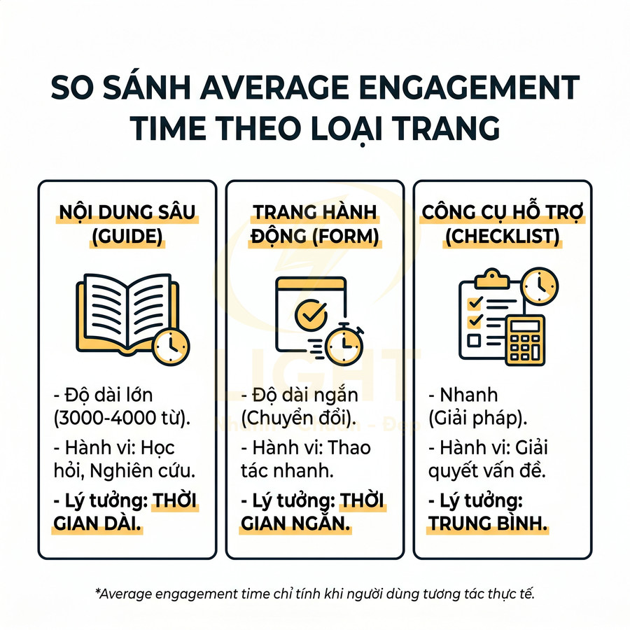 So sánh average engagement time theo loại trang: nội dung sâu, trang hành động và công cụ hỗ trợ