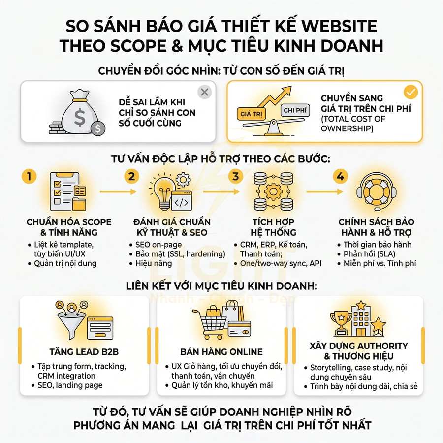 So sánh báo giá thiết kế website theo scope và mục tiêu kinh doanh, quy trình tư vấn và tối ưu chi phí tổng thể