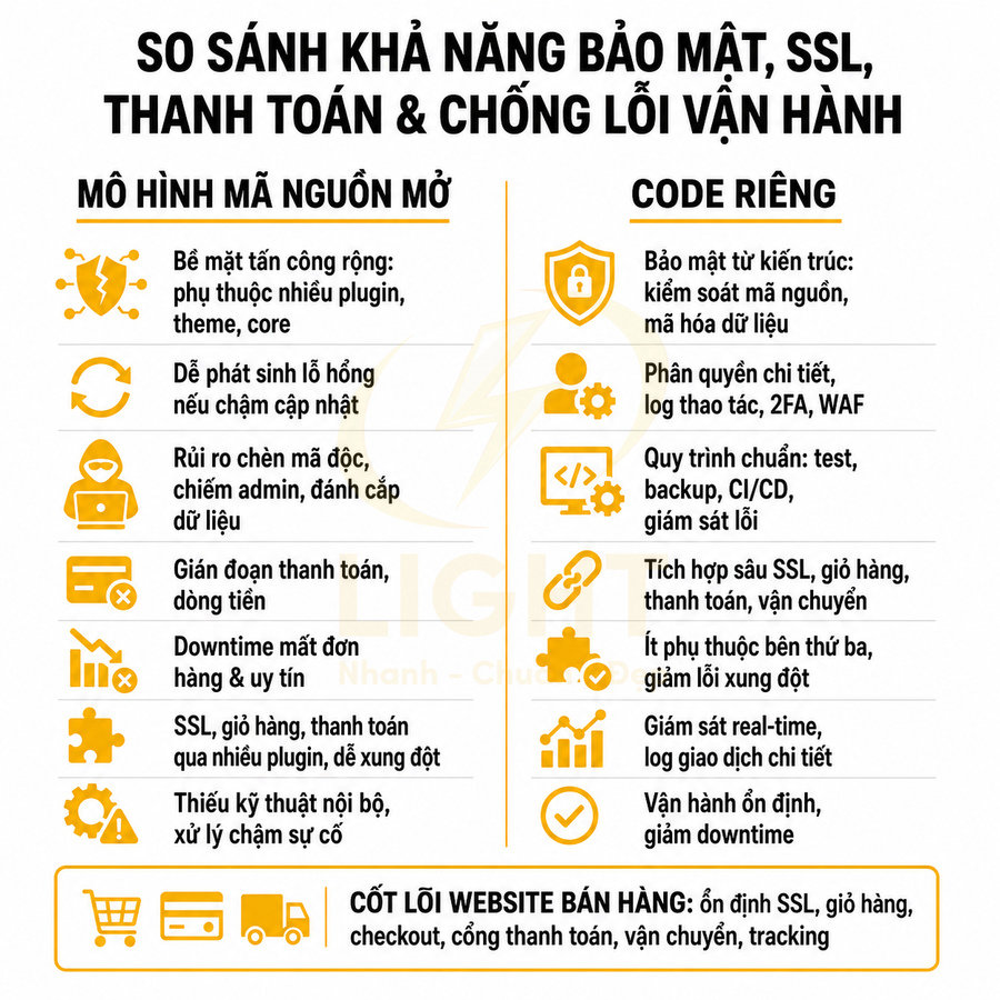So sánh bảo mật, SSL, thanh toán giữa website mã nguồn mở và website code riêng cho bán hàng online