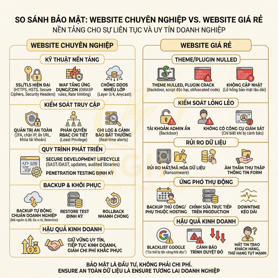 Infographic so sánh bảo mật website chuyên nghiệp và website giá rẻ với các mục kỹ thuật, rủi ro và hậu quả kinh doanh