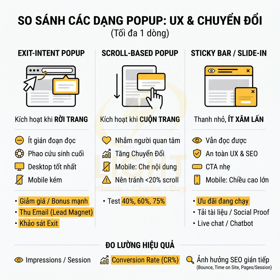 So sánh các dạng popup website về UX và chuyển đổi: exit intent, scroll popup, sticky bar