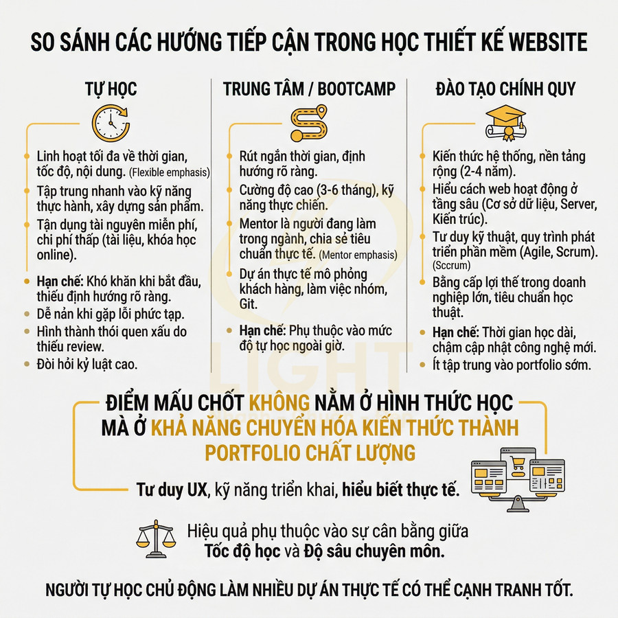 Infographic so sánh tự học, trung tâm bootcamp và đào tạo chính quy trong học thiết kế website bằng tiếng Việt