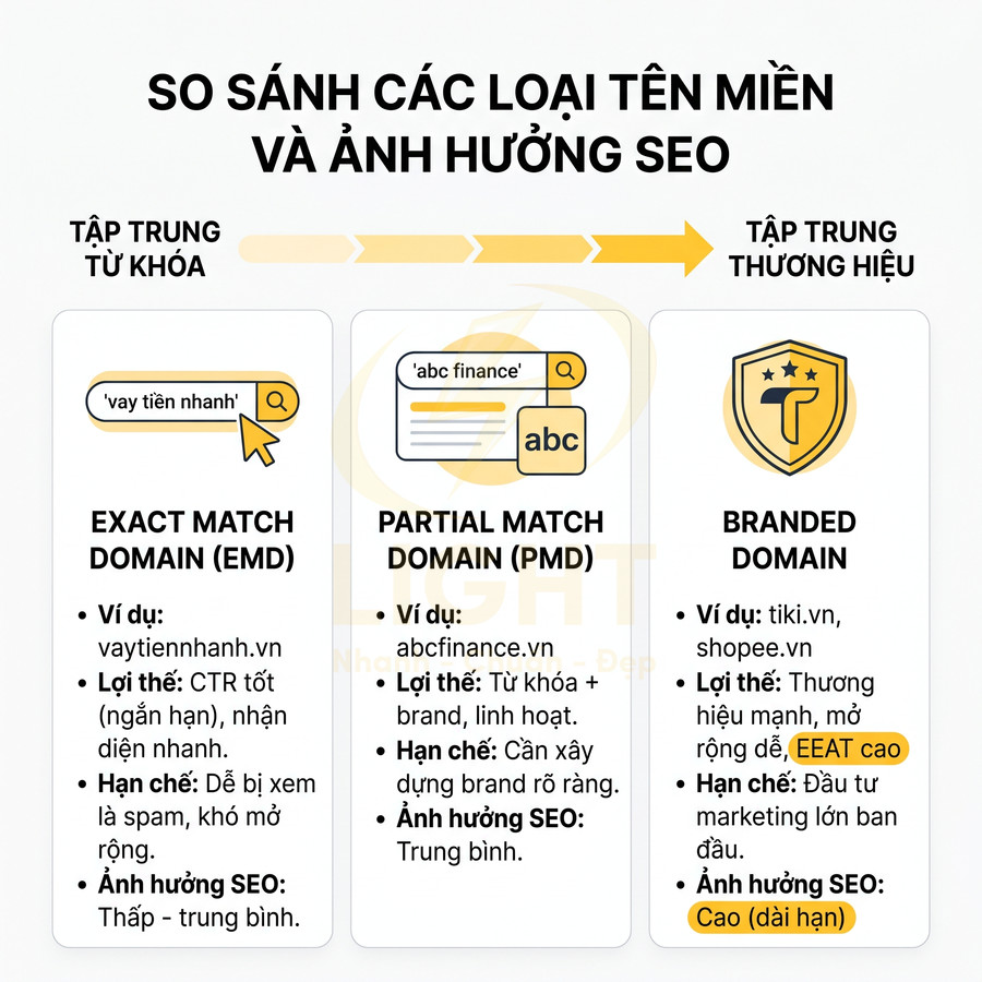 So sánh EMD, PMD và branded domain về ví dụ, ưu nhược điểm và mức độ ảnh hưởng SEO