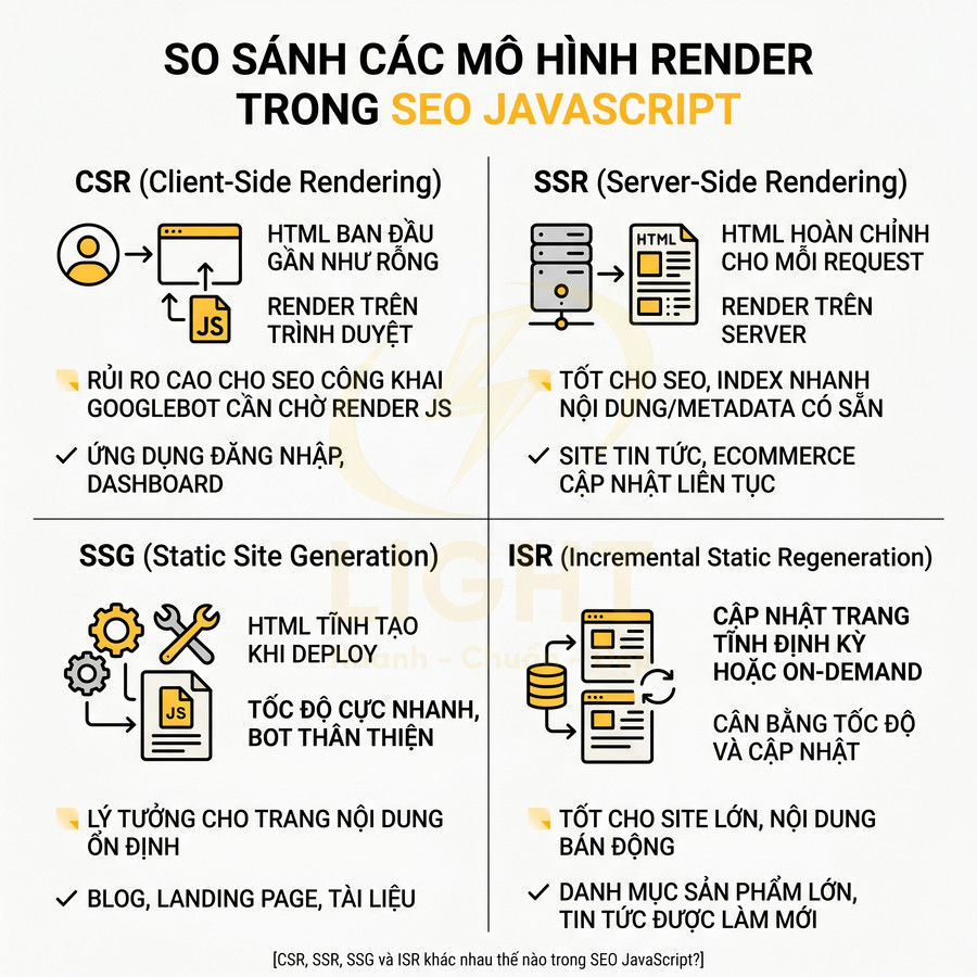 So sánh các mô hình render CSR, SSR, SSG, ISR trong SEO JavaScript với ưu nhược điểm và trường hợp sử dụng