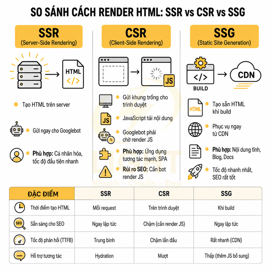 Infographic so sánh cách render HTML SSR CSR SSG về cơ chế hoạt động và ưu nhược điểm cho SEO