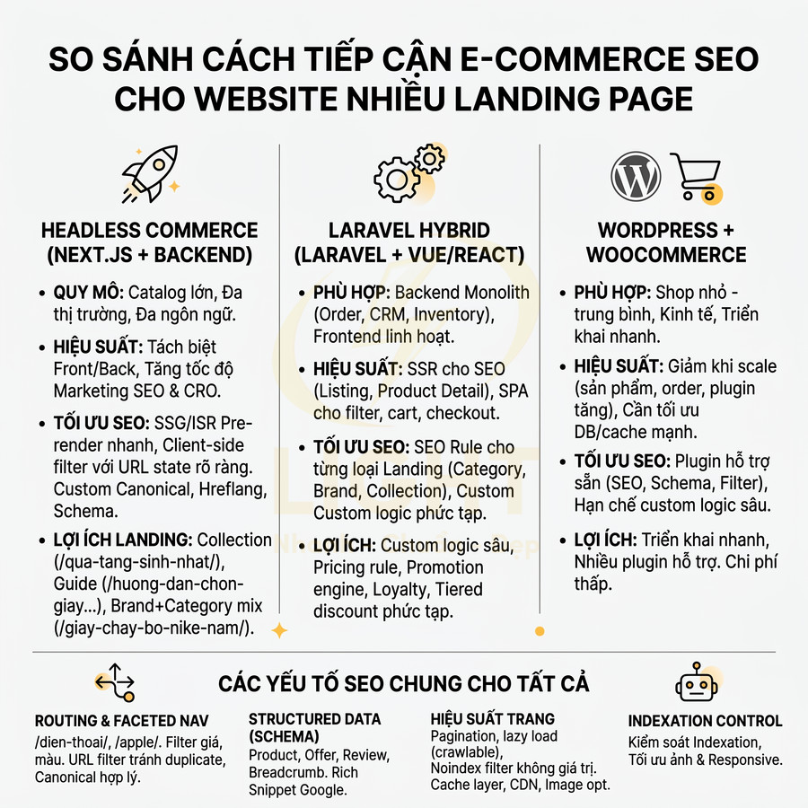 So sánh các mô hình triển khai E Commerce SEO cho website nhiều landing page bằng Headless, Laravel Hybrid và WordPress WooCommerce