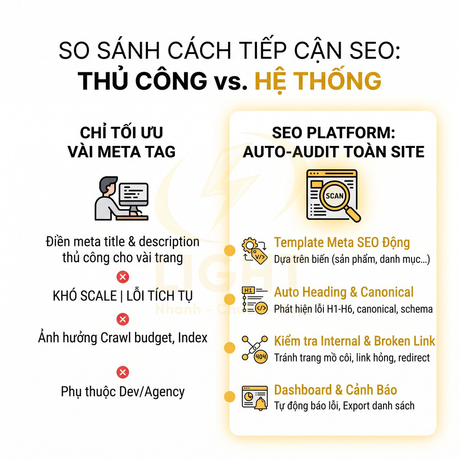 Infographic so sánh SEO thủ công và SEO platform auto audit toàn site với các tính năng tối ưu onpage