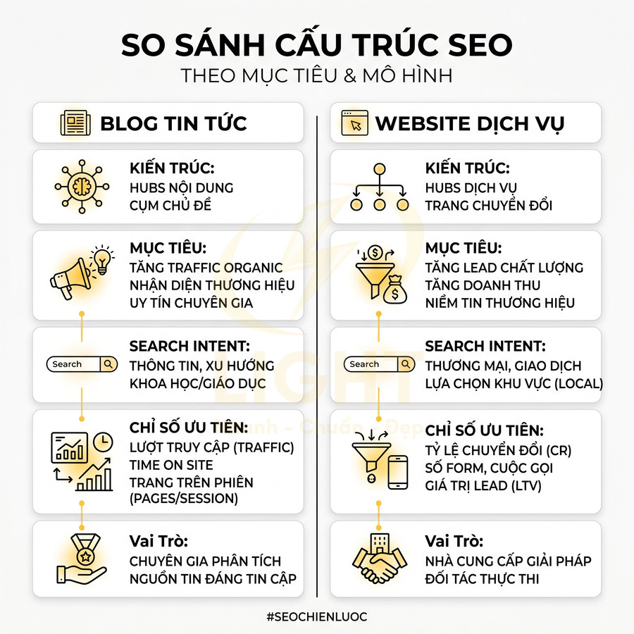 So sánh cấu trúc SEO cho blog tin tức và website dịch vụ theo mục tiêu, search intent và chỉ số ưu tiên