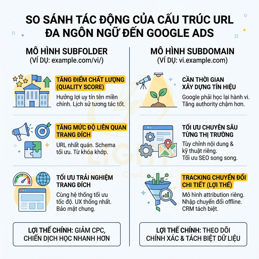Infographic so sánh tác động cấu trúc URL đa ngôn ngữ subfolder và subdomain đến hiệu quả Google Ads