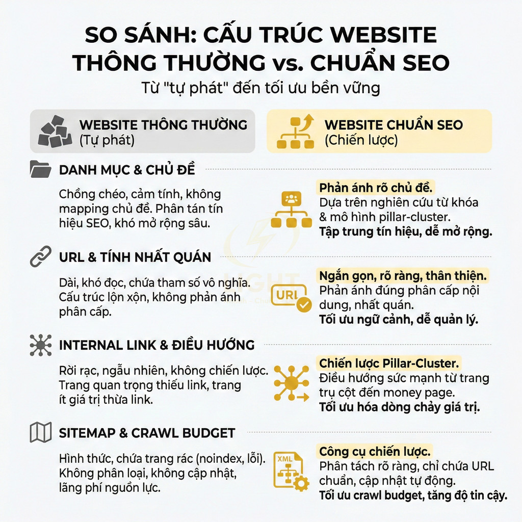 Infographic so sánh cấu trúc website thông thường và website chuẩn SEO về danh mục, URL, internal link, sitemap