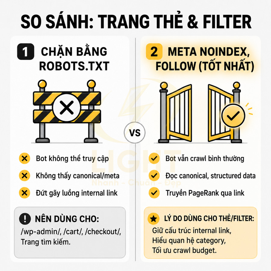 So sánh chặn trang thẻ và filter bằng robots.txt với meta noindex follow trong SEO