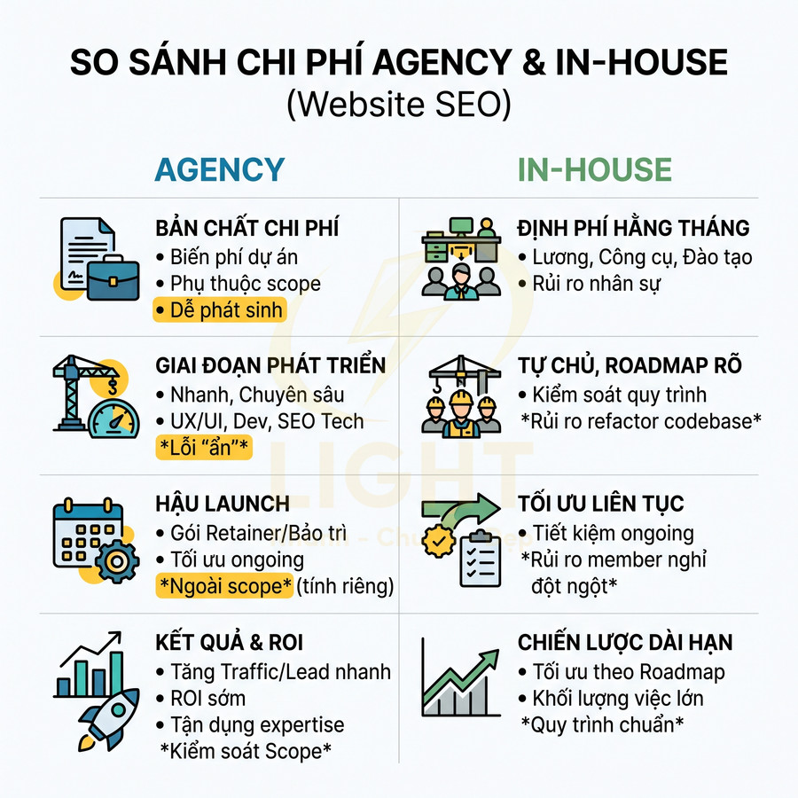 So sánh chi phí SEO website giữa thuê agency và làm inhouse với ưu nhược điểm từng lựa chọn