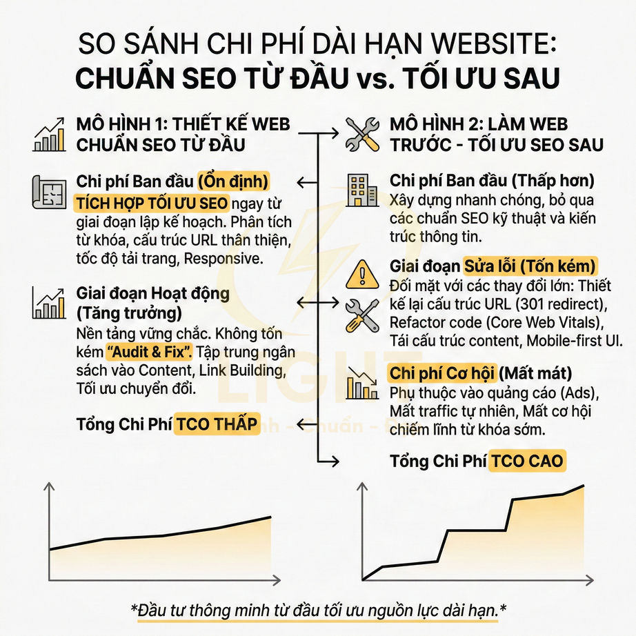 Infographic so sánh chi phí dài hạn thiết kế website chuẩn SEO từ đầu và làm web trước tối ưu SEO sau
