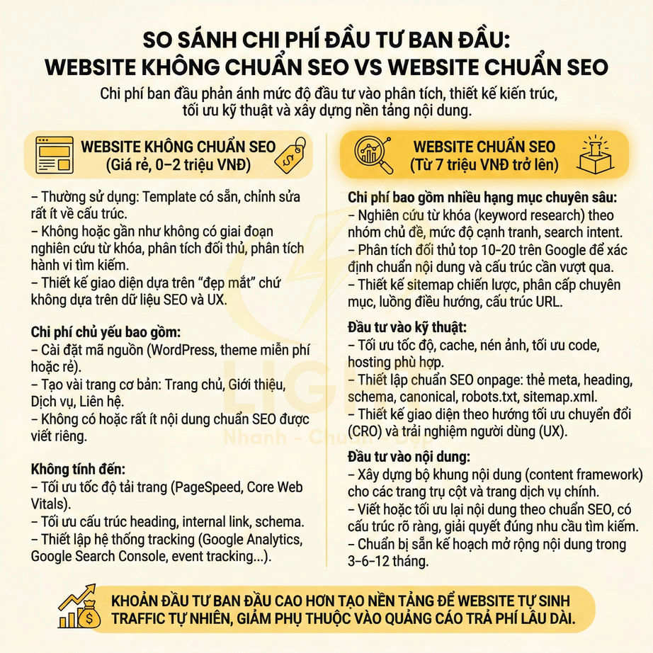 So sánh chi phí đầu tư website không chuẩn SEO và website chuẩn SEO với các hạng mục tối ưu chi tiết