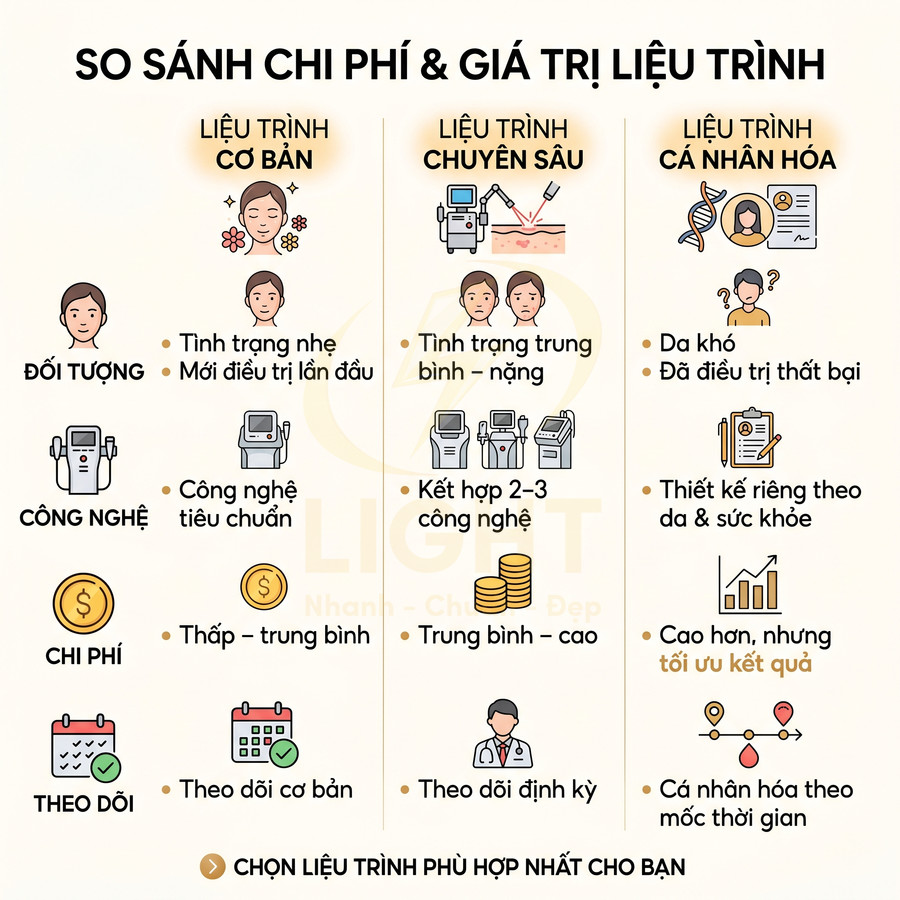 So sánh chi phí và giá trị liệu trình cơ bản, chuyên sâu và cá nhân hóa trong điều trị da spa thẩm mỹ