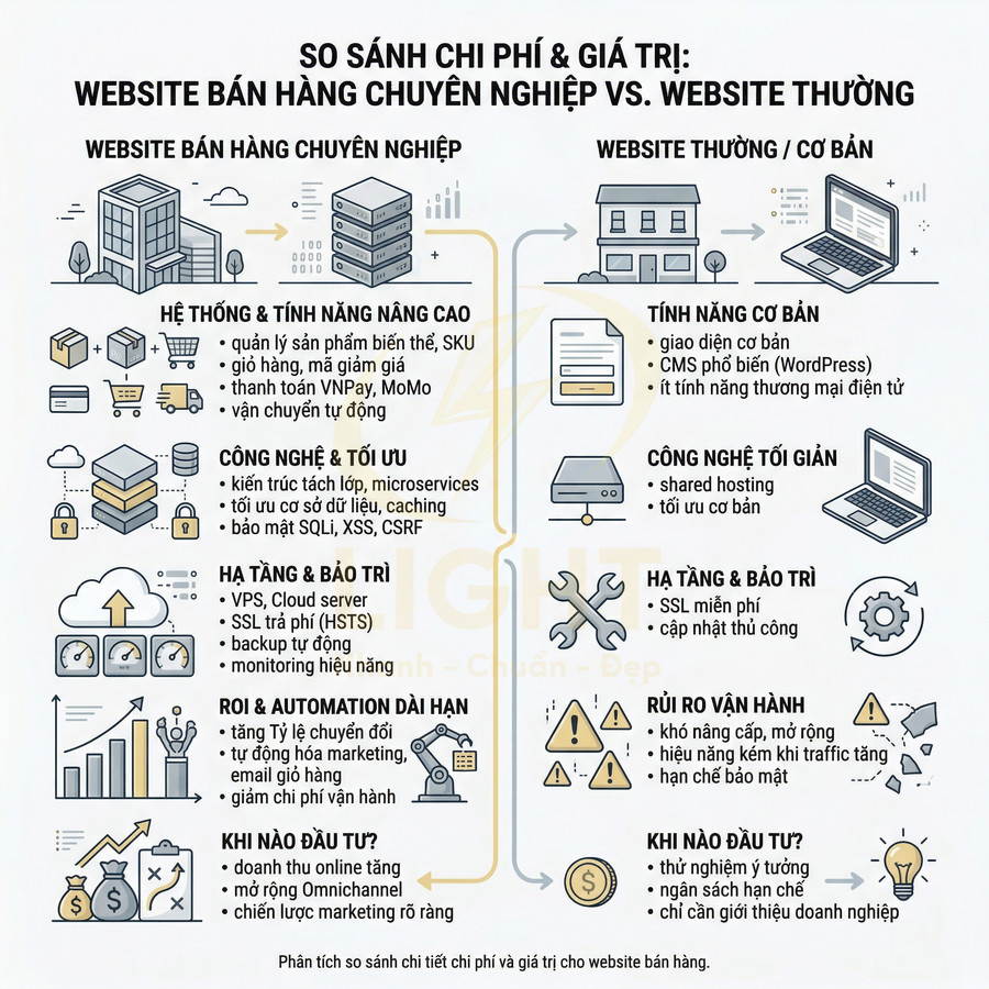 So sánh chi phí và giá trị giữa website bán hàng chuyên nghiệp và website thường bằng infographic tiếng Việt