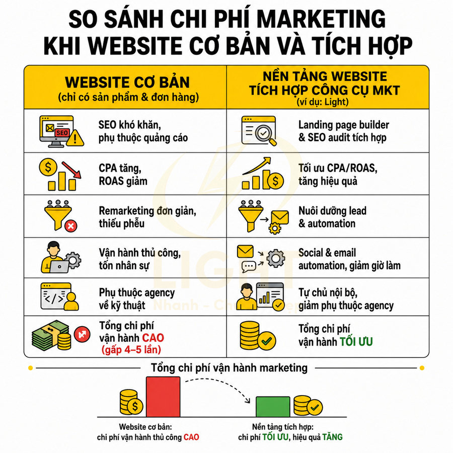 So sánh chi phí marketing giữa website cơ bản và nền tảng website tích hợp công cụ MKT, nhấn mạnh tối ưu chi phí vận hành