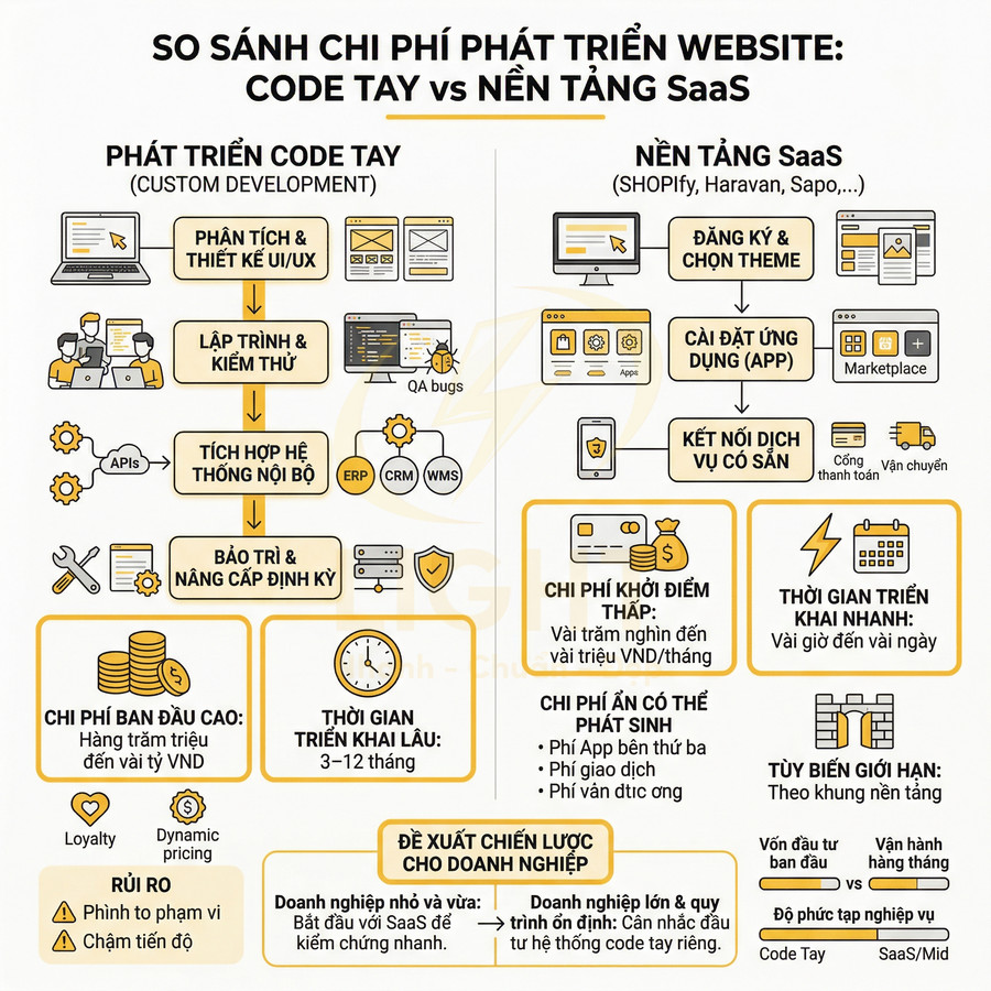 Infographic so sánh chi phí phát triển website code tay và nền tảng SaaS như Shopify, Haravan, Sapo