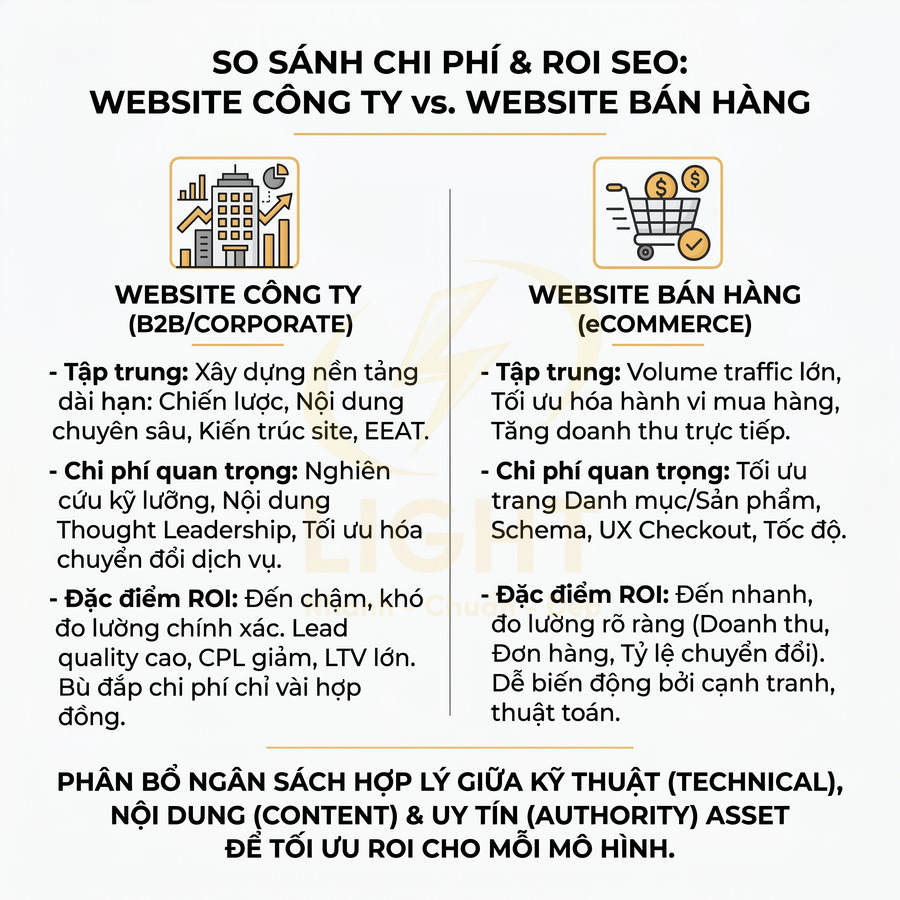 Infographic so sánh chi phí và ROI SEO giữa website công ty B2B và website bán hàng eCommerce