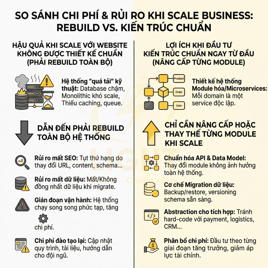 Infographic so sánh chi phí và rủi ro khi scale business: rebuild toàn bộ hệ thống vs kiến trúc chuẩn module hóa