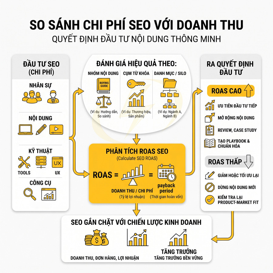 Infographic so sánh chi phí SEO với doanh thu, phân tích ROAS SEO và quyết định đầu tư nội dung thông minh