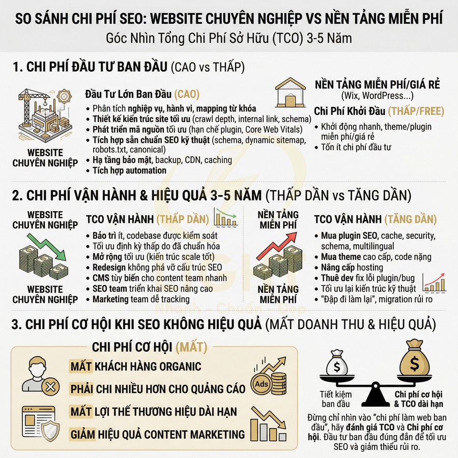 Infographic so sánh chi phí SEO website chuyên nghiệp và nền tảng miễn phí trong 3 đến 5 năm