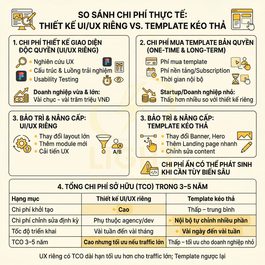Bảng so sánh chi phí thiết kế UI UX riêng và dùng template kéo thả cho website trong 3 đến 5 năm