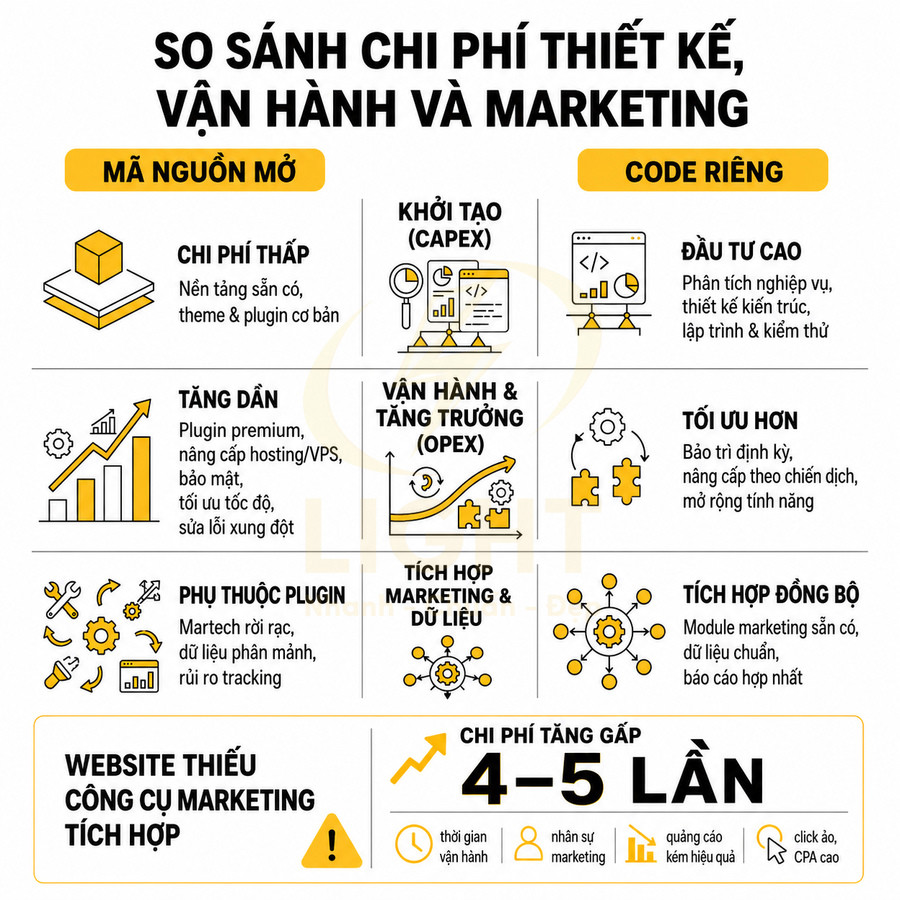 So sánh chi phí thiết kế vận hành marketing giữa website mã nguồn mở và website code riêng