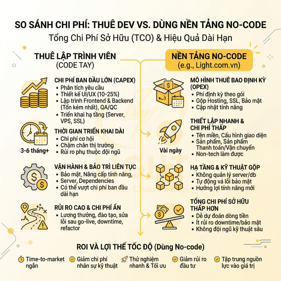 Infographic so sánh chi phí thuê lập trình viên truyền thống với dùng nền tảng no code Light.com.vn