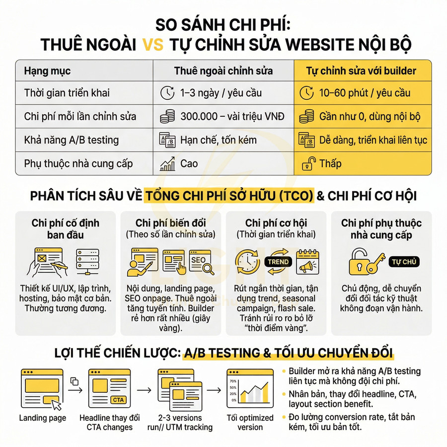 Infographic so sánh chi phí thuê ngoài và tự chỉnh sửa website nội bộ bằng builder, nêu lợi ích A/B testing và tối ưu chuyển đổi