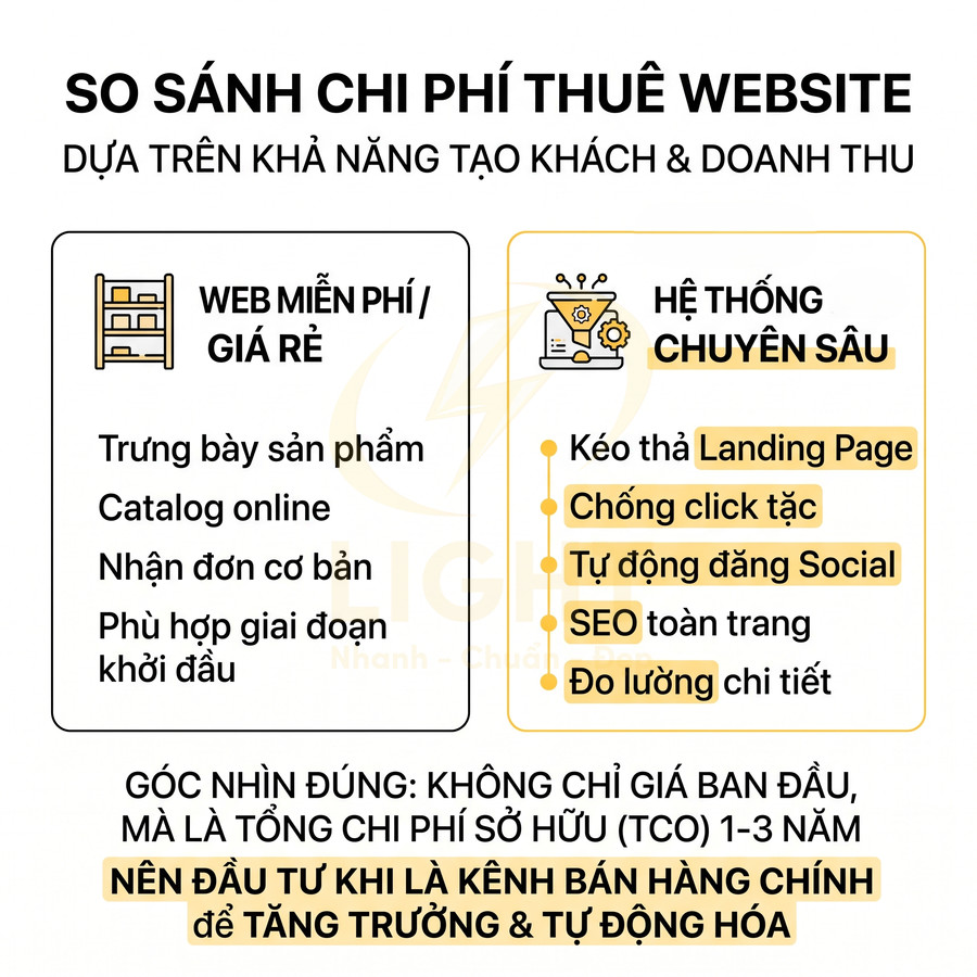 So sánh web miễn phí giá rẻ và hệ thống website chuyên sâu về chi phí, tính năng marketing và hiệu quả kinh doanh
