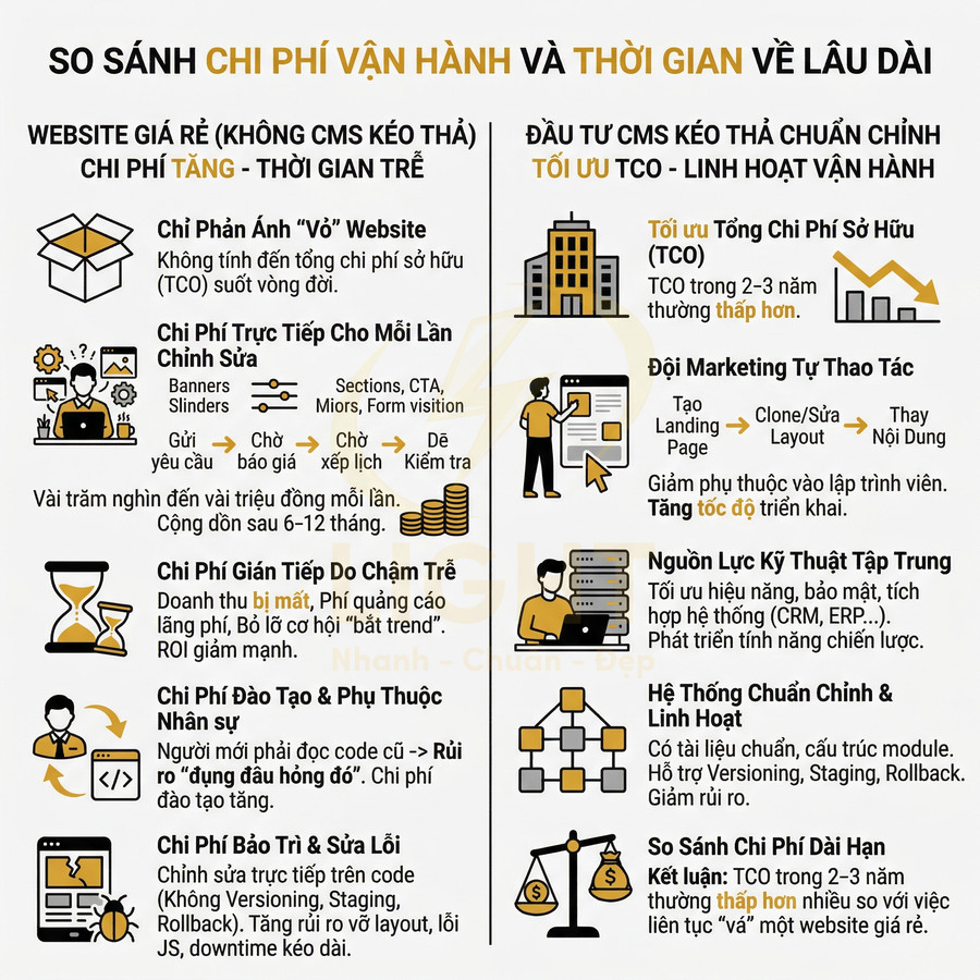 Infographic so sánh chi phí vận hành website giá rẻ và đầu tư CMS kéo thả tối ưu TCO, linh hoạt vận hành