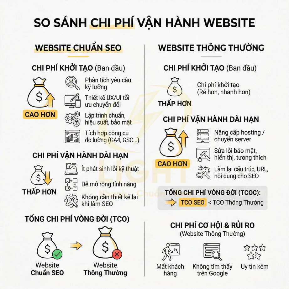 So sánh chi phí vận hành website chuẩn SEO và website thông thường bằng infographic tiếng Việt