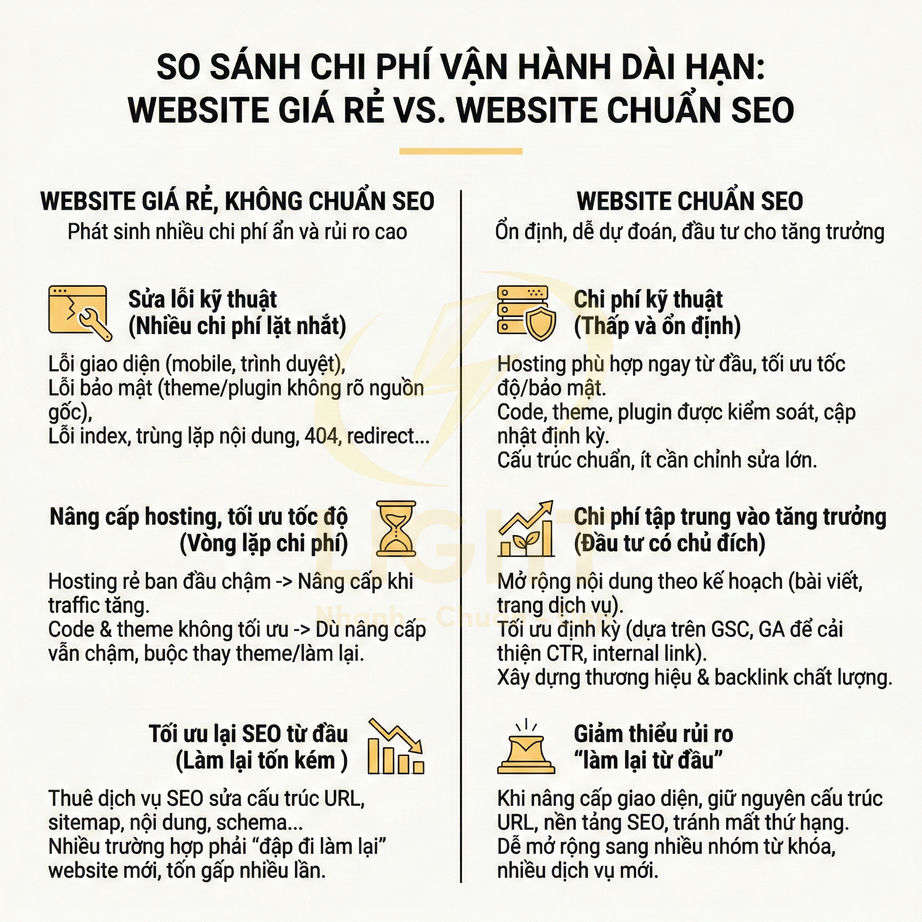 Infographic so sánh chi phí vận hành website giá rẻ không chuẩn SEO và website chuẩn SEO trong dài hạn