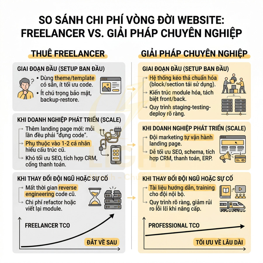 Infographic so sánh chi phí vòng đời website thuê freelancer và giải pháp chuyên nghiệp, nhấn mạnh tối ưu lâu dài