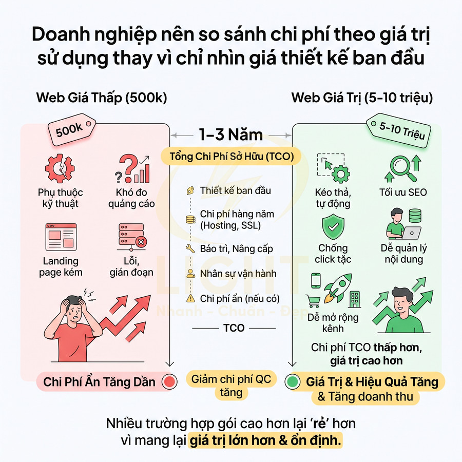 Infographic so sánh chi phí tổng sở hữu giữa web giá rẻ 500k và web giá trị 5 đến 10 triệu cho doanh nghiệp